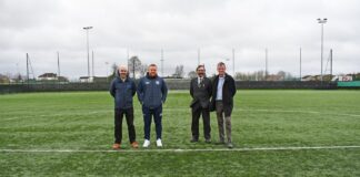 EDLC Operations Manager Fraser Makeham; Michael Lee, Manager of West Park United FC's men's senior team; Councillor Gordan Low, Leader of the Council; and Councillor Jim Gibbons, Vice Chair of EDLC Trust.