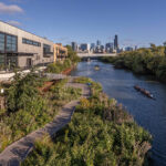 Floating wetland modules on the Wild Mile river walk, Chicago