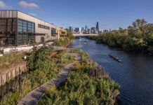 Floating wetland modules on the Wild Mile river walk, Chicago