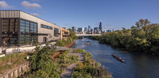 Floating wetland modules on the Wild Mile river walk, Chicago