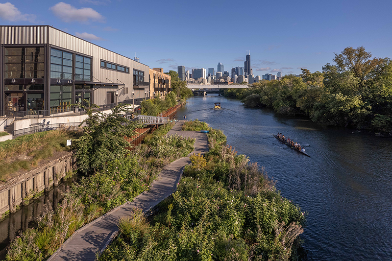 Floating wetland modules on the Wild Mile river walk, Chicago