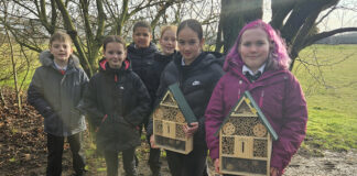 School pupils with bug hotels