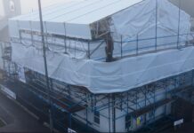 Church with scaffolding around it