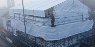 Church with scaffolding around it
