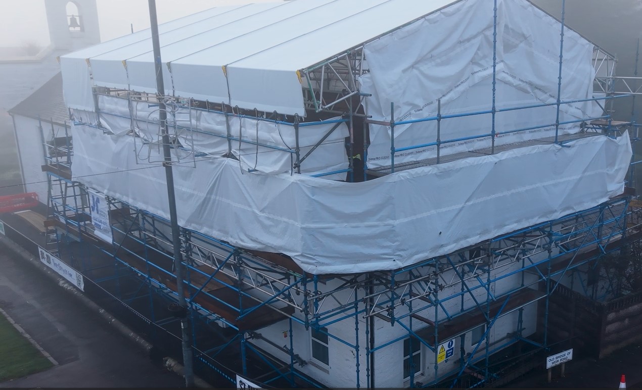 Church with scaffolding around it