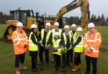Attached image caption: Holding turf with Councillor McLellen and Councillor Greig are Hazlehead Pupils Ozi, Robert and Chloe watched by Kevin Dickson, (Robertson Group) Scott Brown, (Robertson Project Director) James Purdie, Headteacher at Hazlehead Academy and John McHardy, Project manager from hub North Scotland.
