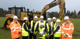 Attached image caption: Holding turf with Councillor McLellen and Councillor Greig are Hazlehead Pupils Ozi, Robert and Chloe watched by Kevin Dickson, (Robertson Group) Scott Brown, (Robertson Project Director) James Purdie, Headteacher at Hazlehead Academy and John McHardy, Project manager from hub North Scotland.