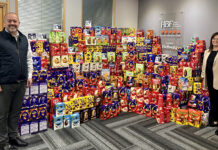 Housebuilder donates over 1,000 Easter eggs to Glasgow charities Bellway MD Fraser Conn and office manager Claire Hornal with Easter eggs to be donated