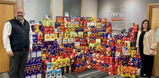 Bellway MD Fraser Conn and office manager Claire Hornal with Easter eggs to be donated