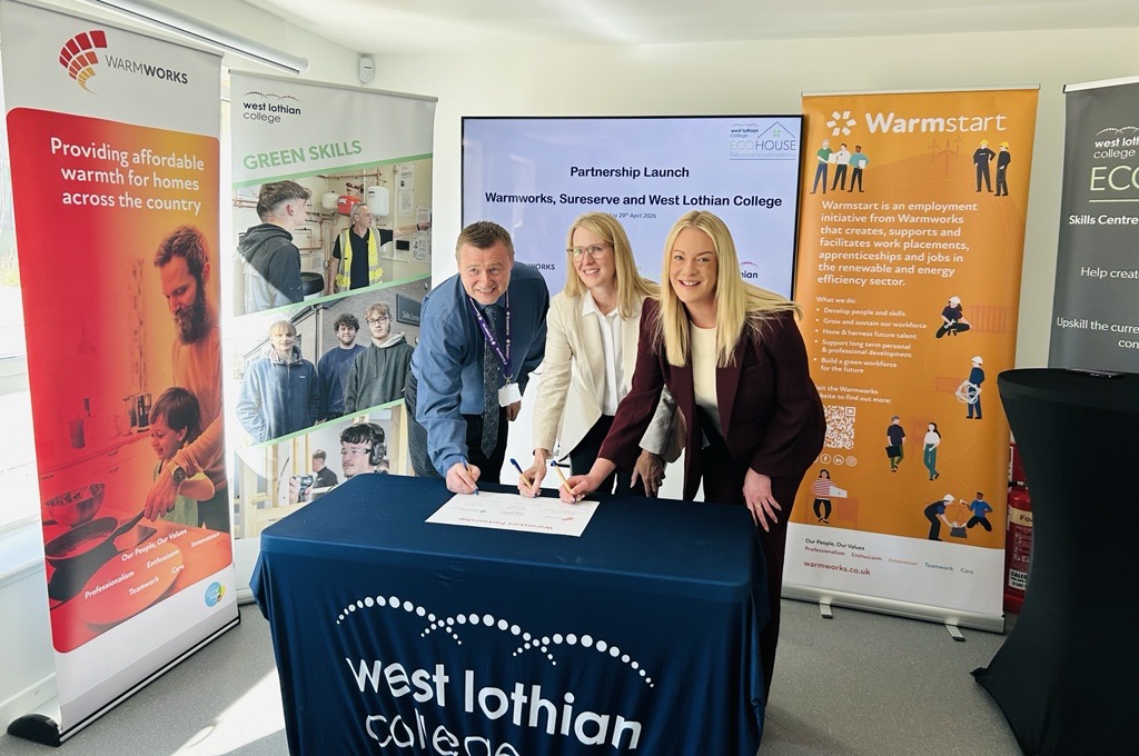 L-R: Scott Paton (director, Sureserve); Hazel Brady (interim principal, West Lothian College); and Nicola Mcleod (MD, Warmworks)