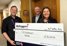 McTaggart Construction donates £30,000 to Crossbasket House Large cheque being handed over by McTaggart Construction to Crossbasket House