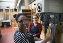 Portrait confident female high school students using drill