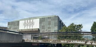 Mural intact on the side of Hector McNeil House, Greenock, before its removal.