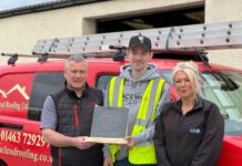 Alan Campbell, Operations Manager at Macleod Roofing, with Apprentice of the Year winner Lewis Scobbie and Gillian McKenzie, Apprenticeship Development Officer at CITB
