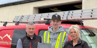 Alan Campbell, Operations Manager at Macleod Roofing, with Apprentice of the Year winner Lewis Scobbie and Gillian McKenzie, Apprenticeship Development Officer at CITB