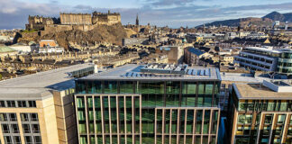 Edinburgh office building with castle in background