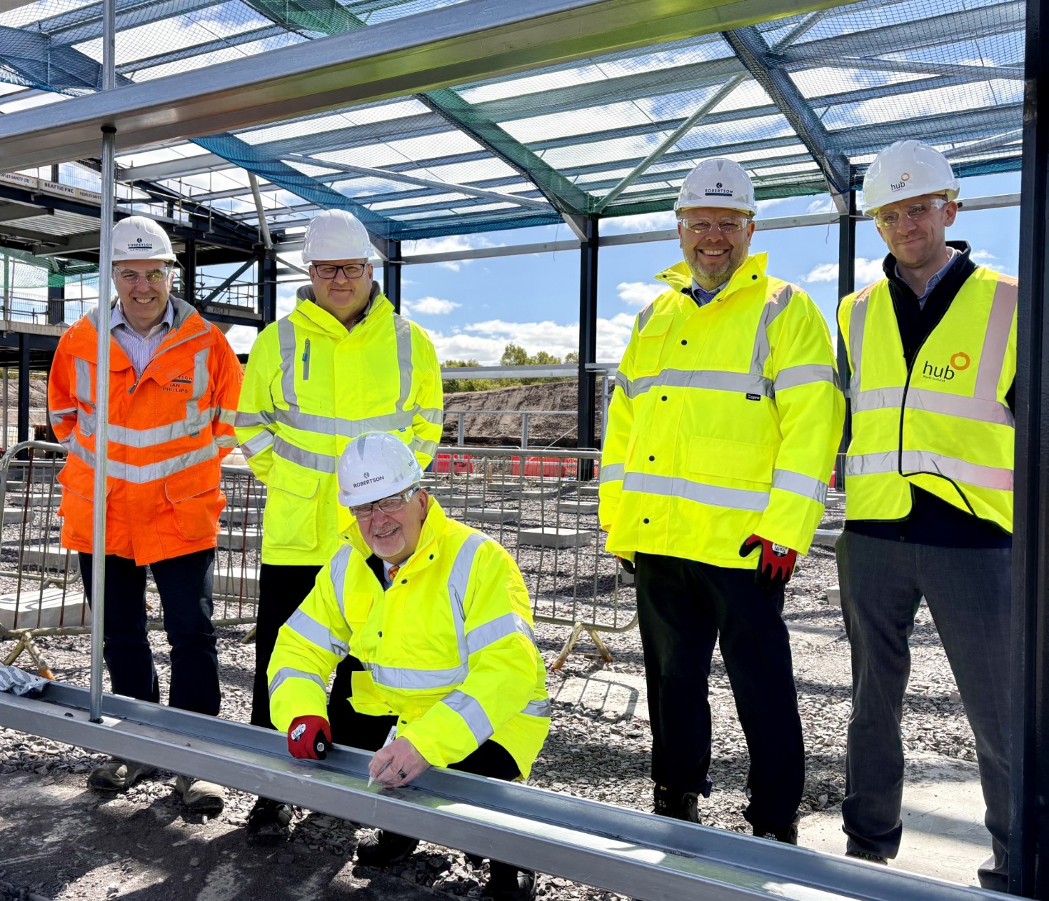 Ian Phillips, Regional Managing Director, Robertson Construction Northern;  Andrew Collins, Project Manager, Argyll and Bute Council; Cllr Jim Lynch Leader of the Council, Argyll and Bute Council; Fergus Murray, Head of Development and Economic Growth, Argyll and Bute Council; Scott Adams, Project Director, hub North.