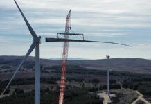 Blade is fitted to a turbine at Mill Rig Wind Farm