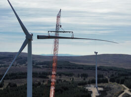 Blade is fitted to a turbine at Mill Rig Wind Farm