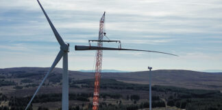 Blade is fitted to a turbine at Mill Rig Wind Farm