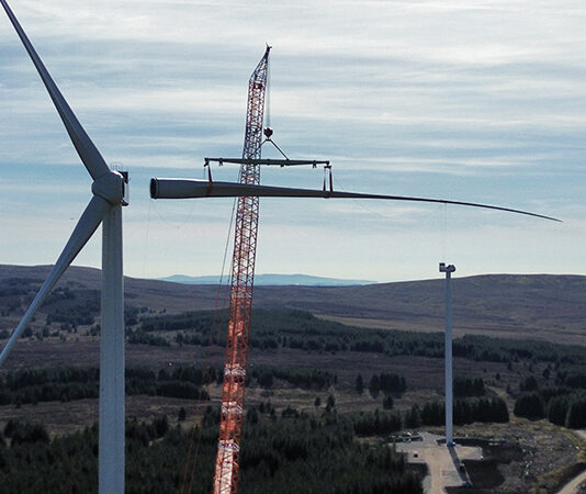 Blade is fitted to a turbine at Mill Rig Wind Farm