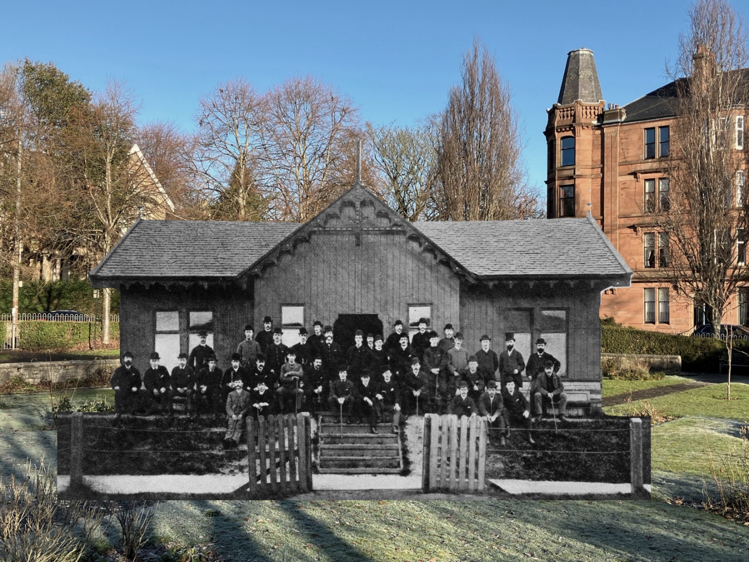Historic image of the First Hampden pavilion in 1878 overlaid with image of the site as it looks today, showing approximately where it would have been situated