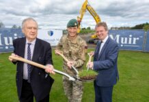 L-R: John Muir, Chairman and Founder, Muir Group; Brigadier Andrew Muddiman, Naval Regional Commander Scotland & Northern Ireland, Ministry of Defence; and Graeme Downie MP