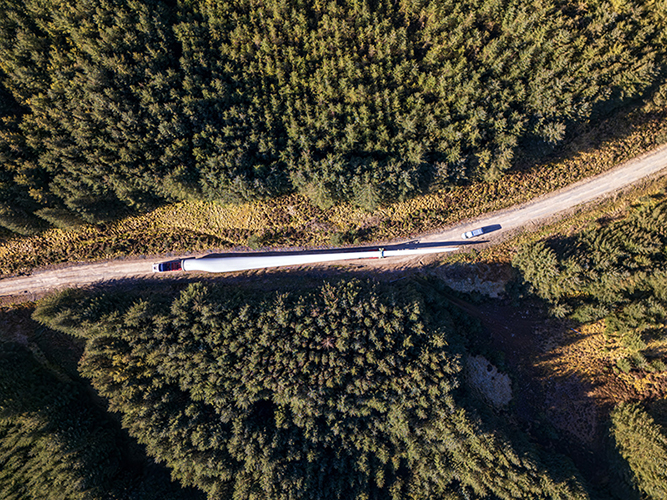 Turbine blades snake their way to Mill Rig Wind Farm