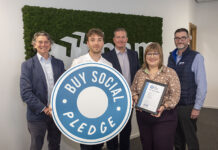 BAM pledges support for Scottish social enterprises Representatives from BAM with Buy Social Pledge logo