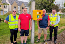 Housebuilder funds defibrillator at Jedburgh development L-R: Debby Gillett (SBHA); Rory Stewart (Jed Hearts Here); Calum Brown (Jed Hearts Here); and Michael Palethorpe (Cruden)